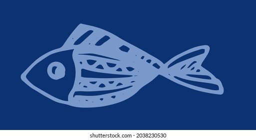 Vector fish. Hand-drawn small fish in doodle style, with a texture of stripes and zigzags, blue isolated contour on a dark blue background for a children's design template. stylized fish of dark blue 
