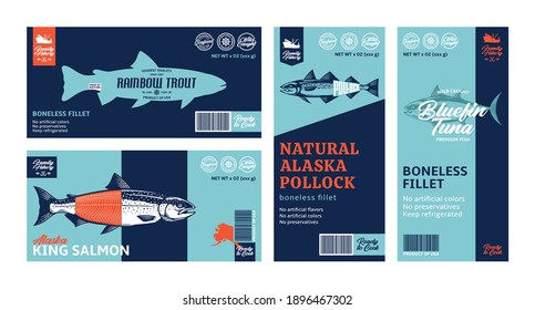 Etiquetas horizontales y verticales de peces vectores. Ilustraciones de salmón, trucha, atún y alaska. Etiquetas de marisco de estilo moderno