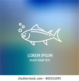 Vector fish icon in outline style - abstract emblem on blue background