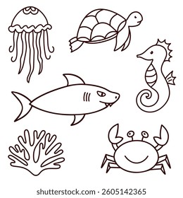 Vector fish icon set in line style with hand drawn sea animals, turtle, seahorse, shark, coral, crab, jellyfish with outline,
coloring book or page for kids, cartoon illustration, underwater creatures