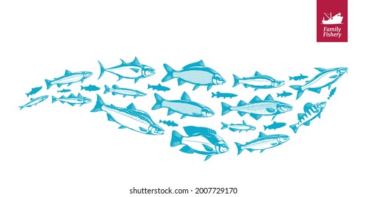 Vector fish illustration, fish flock or group, seafood banner