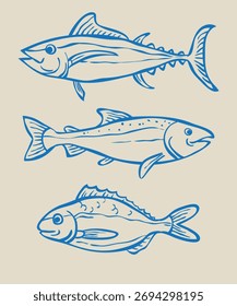 Ilustración de pescado de Vector, dibujo de línea