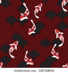Vector fish illustration on water wave, asian seamless pattern, abstract ornament, japan - china background. Vector illustration