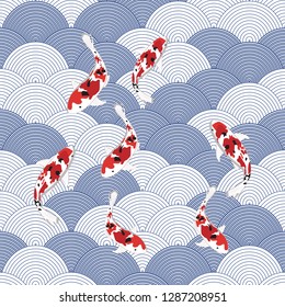 Vector fish illustration on water wave, asian seamless pattern, abstract ornament, japan - china background. Vector illustration