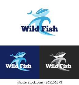 Vector fish logo old style design template. Jumping fish on the wave logotype concept. Seafood restaurant or marketplace badge with retro effect.