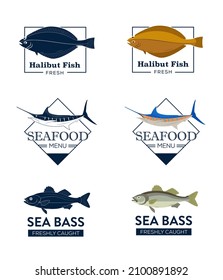 Vector Fish Logos Group. Fish Logo Set. Halibut, Salmon, Sea Bass, Marlin. Ocean Seafood Logo. Restaurant Seafood Logo. Culinary Logos. Fish Design. Freshly Caught Fish.