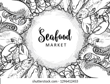 Vector fish market monochrome pattern, seafood restaurant, cafe logo, advertising poster with underwater animals. Marine composition with octopus, lobster, tuna, trout flatfish with lemon slice