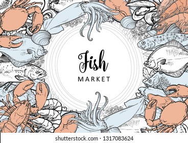 Vector fish market monochrome pattern, seafood restaurant, cafe logo, advertising poster with underwater animal. Marine composition with squid, lobster, crayfish, tuna, trout flatfish with condiments