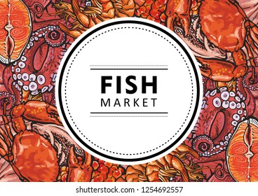 Vector fish market, seafood restaurant, cafe logo, advertising poster with square underwater animals delicacy pattern. Marine composition with squid meat steak octopus and crayfish with shrimps