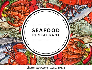 Vector fish market, seafood restaurant, cafe logo, advertising poster with underwater animals sketch pattern. Marine composition with sea eel, flatfish, lobster, crayfish with lemon slices