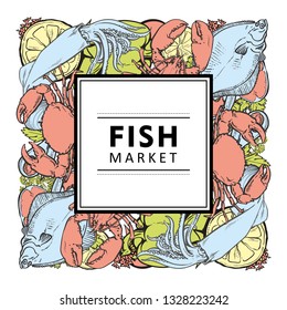 Vector fish market, seafood restaurant, cafe logo, advertising poster with square underwater animals sketch pattern on abstract splash. Marine composition with squid flatfish crawfish with lemon slice