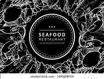 Vector fish market, seafood restaurant, cafe logo, advertising poster with square underwater animals delicacy pattern. Monochrome marine composition with squid meat steak octopus, trout with seashells