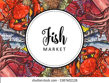 Vector fish market, seafood restaurant, cafe logo, advertising poster with square underwater animals delicacy pattern. Marine composition with squid meat steak octopus and trout with seashells