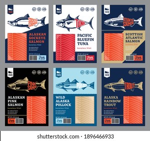 Vektor Fisch Verpackung Design Konzept. Moderne Meeresfrüchte-Illustration. Illustrationen von Lachs, Forelle, Thunfisch und Lachspollock