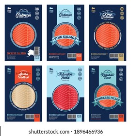 Vector Fish Packaging Design Concept. Modern Style Seafood Packaging Illustration. Salmon, Trout, Tuna And Alaska Pollock Fish Illustrations