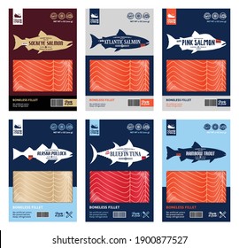 Vector fish packaging design. Flat style seafood label. Salmon, trout, tuna and alaska pollock fish silhouettes