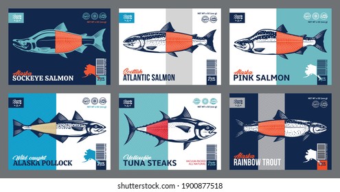 Vector fish packaging or label design. Modern style seafood label. Salmon, trout, tuna and alaska pollock fish illustrations