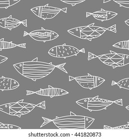 Vector fish pattern. Fish white on gray background.