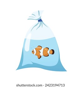 Vector fish in a plastic bag with water, exotic fish, clown fish, aquarium fish in a bag