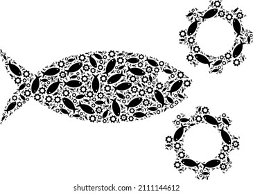 Vector fish processing gears icon mosaic. Fish processing gears composition is formed from scattered self fish processing gears icons. Recursive mosaic from fish processing gears icon.