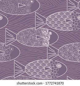 Vector Fish Purple Line Art sobre fondo púrpura patrón de repetición sin problemas. Antecedentes para textiles, tarjetas, manufactura, papel pintado, envoltura de regalo y reserva de chatarra.