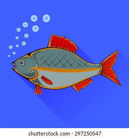 Vector Fish With Red Fins Isolated on Blue Background