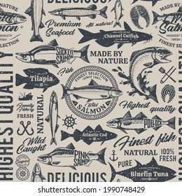 Vector fish retro styled seamless typographic pattern or background. Fish silhouettes and illustrations