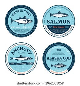 Vector fish round labels. Salmon, tuna, anchovy and cod fish illustrations