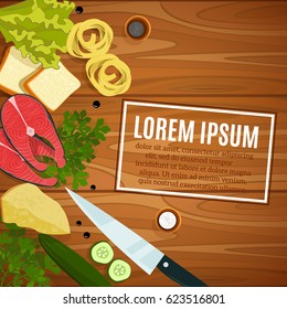 Vector fish, salmon, vegetables, products. The concept of healthy eating.