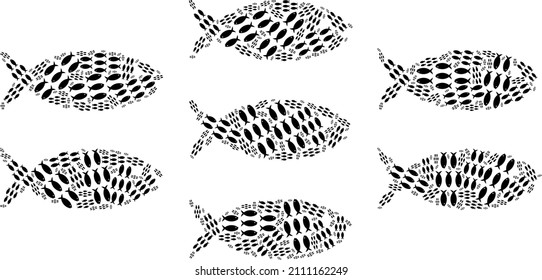 Vector fish school icon collage. Fish school collage is constructed from repeating self fish school pictograms. Fractal collage for fish school icon.