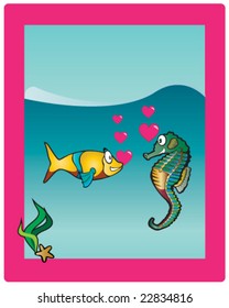 vector fish and seahorse in love