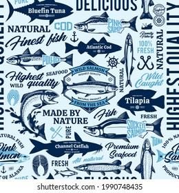 Vector fish seamless pattern, logo and design elements. Fish silhouettes and illustrations