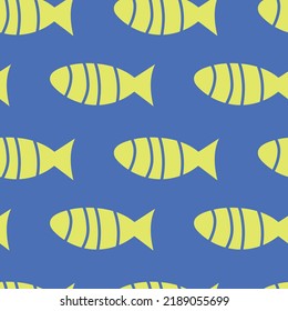 Vector fish seamless pattern, yellow sardines on a blue background, simple background, bright colors