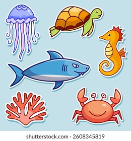 Vector fish set with hand drawn sea animals, turtle, seahorse, shark, coral, crab, jellyfish with outline, stickers for kids in cartoon flat design, illustration of underwater creatures.