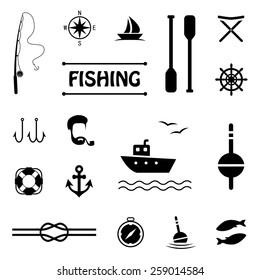 vector fish set icons, fishing boat,  