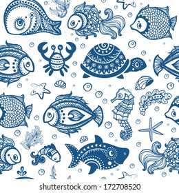 Vector fish and shells seamless