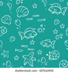 Vector fish and shells seamless pattern