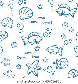 Vector fish and shells seamless pattern