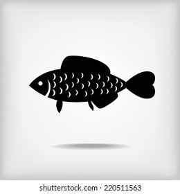 Vector fish silhouette icon on gray background with shadow 