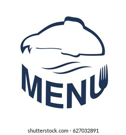 Vector fish silhouette with waves for menu design. Blue seafood symbols isolated on white background for menu restaurant.

