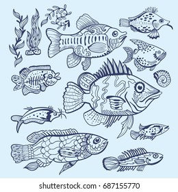 Vector Fish Sketch Set
Hand-painted decorative river animal silhouettes on blue background for fishing design