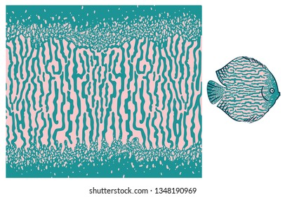 Vector fish skin texture print. Underwater skin pattern. Colored big wild fish scales skin background. Organic  aquatic shapes trendy pattern. Fish fauna exotic sea stripes .
