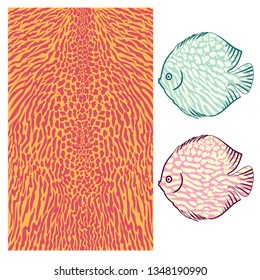 Vector fish skin texture print. Underwater skin pattern. Colored big wild fish scales skin background. Organic  aquatic shapes trendy pattern. Fish fauna exotic sea stripes .
