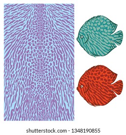 Vector fish texture. Underwater skin pattern. Colored big wild fish scales skin background.Organic  aquatic shapes trendy pattern. Fish fauna exotic sea stripes .
