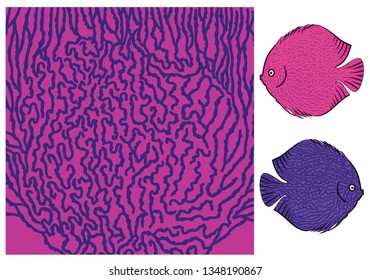 Vector fish texture. Underwater skin pattern. Colored big wild fish scales skin background.Organic  aquatic shapes trendy pattern. Fish fauna exotic sea stripes .
