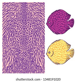 Vector fish texture. Underwater skin pattern. Colored big wild fish scales skin background.Organic  aquatic shapes trendy pattern. Fish fauna exotic sea stripes .
