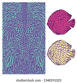 Vector fish texture. Underwater skin pattern. Colored big wild fish scales skin background.Organic  aquatic shapes trendy pattern. Fish fauna exotic sea stripes .
