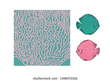 Vector fish texture. Underwater skin pattern. Colored big wild fish scales skin background.Organic  aquatic shapes trendy pattern. Fish fauna exotic sea stripes .
