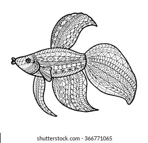 Vector fish tropical illustration for adult coloring book. Hand drawn coloring page.