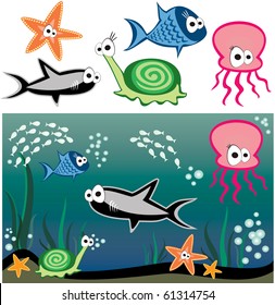 Vector fish under water ? shark, snail, starfish, octopus and others fishes